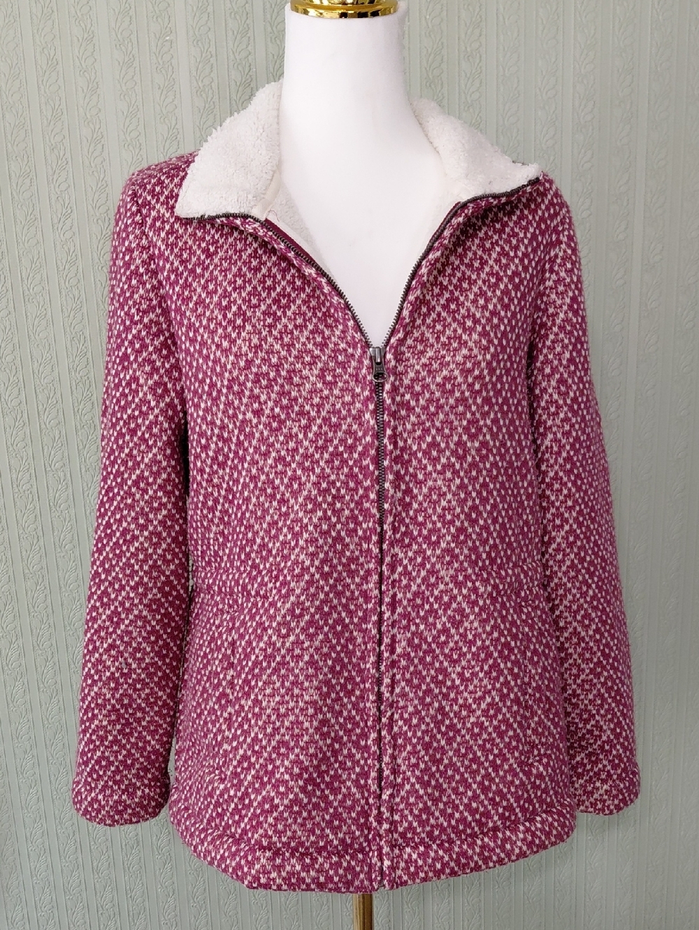 L.L. BEAN Burgandy & White Fleece Lined Jacket Warm Fall Winter Medium Petite